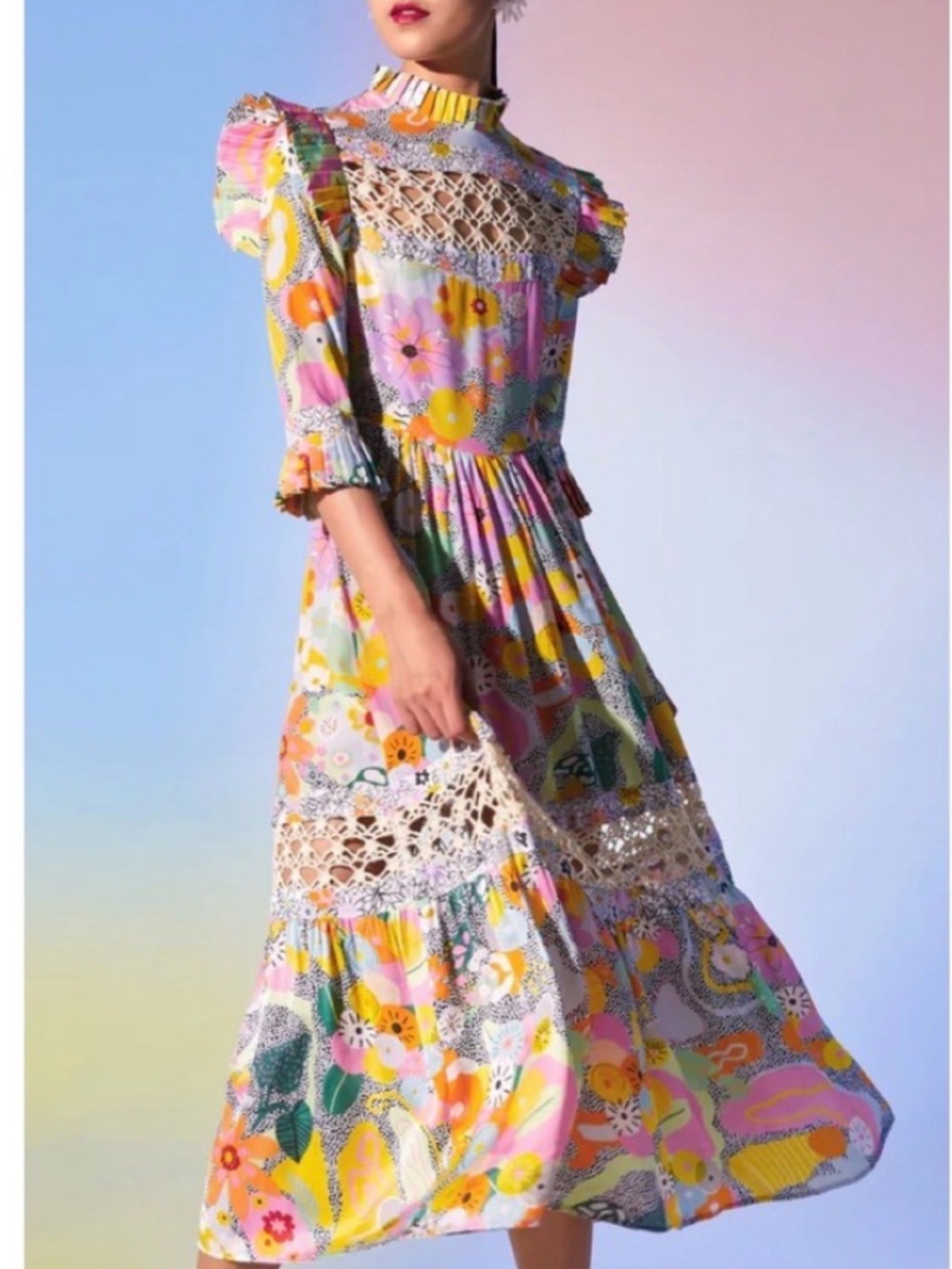 CeliaB Pastel Multi Floral Crochet-Trim Maxi Dress